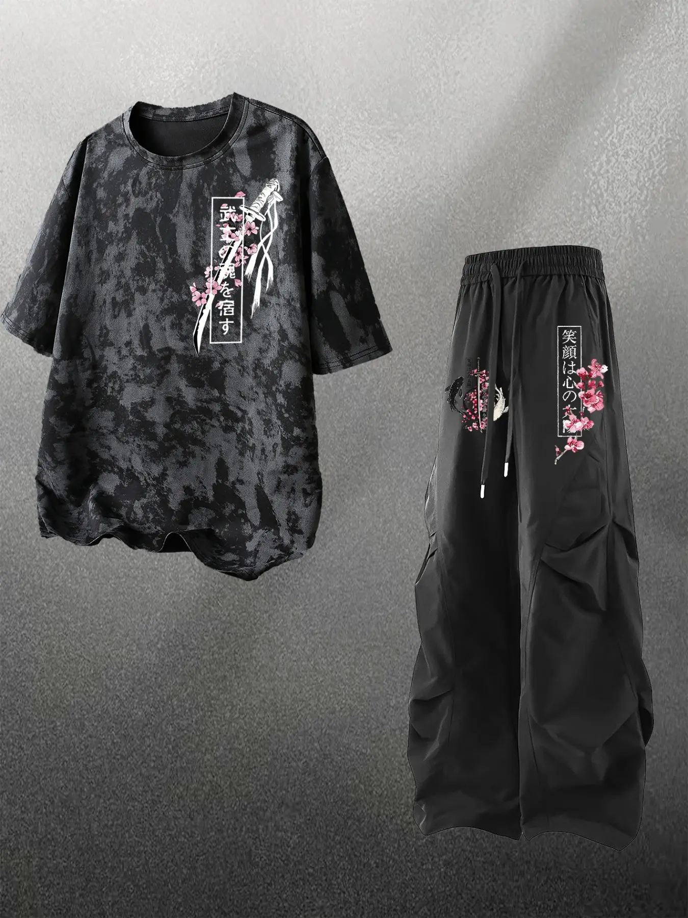 Japanese Cherry Blossom Print Tie-Dye Short Sleeve Tee + Wide Leg Work Pants, High Street Fashion Loose Fit Casual Long Pants