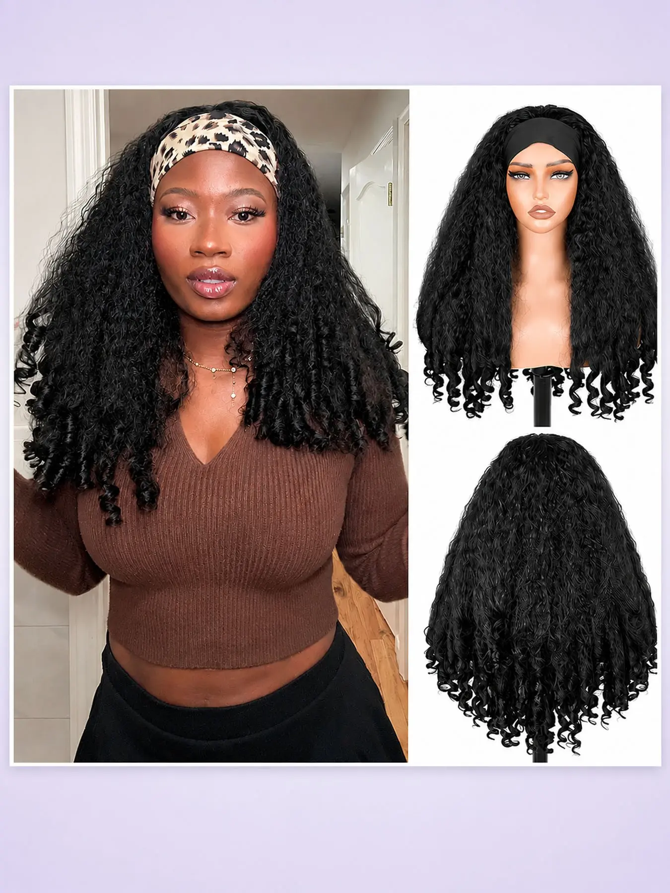 Curly Headband Wig Synthetic Yaki Curly Half Wigs for Black Women Glueless Headband Wig with Bottom Bouncy Curls Blowout 4c Hair Style Natural Black 24 In