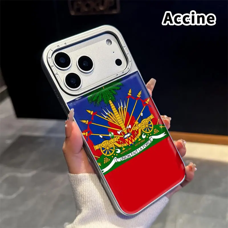 Phone Case for iPhone 17 Air 16 15 14 13 12 Pro Max Plus Haiti's Symbolic Crest Pattern 2-in-1 Electroplated Cover 3D Crystal Clear TPU Rear Panel Shock-Absorbent Silicone Edges Scratch-Resistant and Sturdy