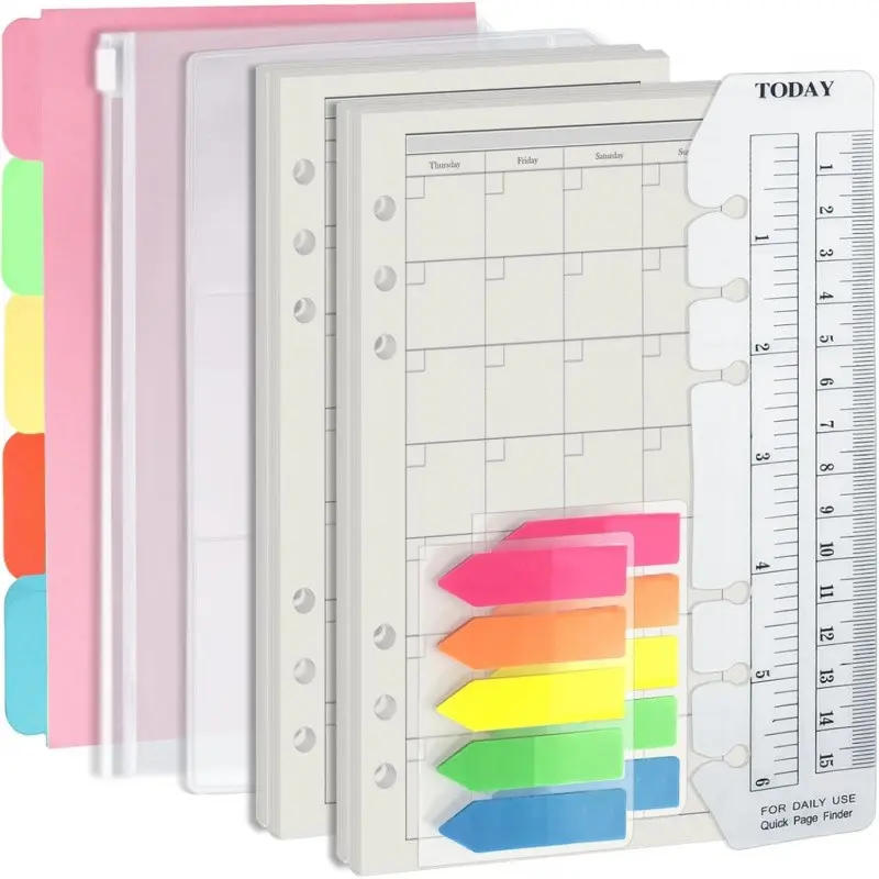 A6 6-Hole Binder Replacement Set, 90 Monthly Planner Pages, 5 Divider Sheets, Ruler with Inch Units, Transparent Zip Bag, PVC Card Holder, 200 Colorful Index Stickers