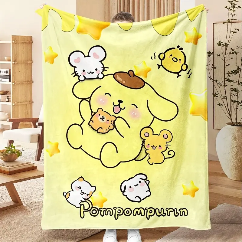 Sanrio Pom Pom Purin Cute Friends Yellow Star Background Flannel Throw Blanket Kawaii Cartoon Warm Blanket Gift Fans All Ages
