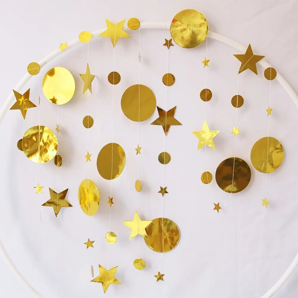 4m Long Birthday Party Decoration Star Paper Pull String, Room Decor Five-Pointed Star Hanging Ornament, Festival Decorations Wedding School Event Decor, Festive Decoration