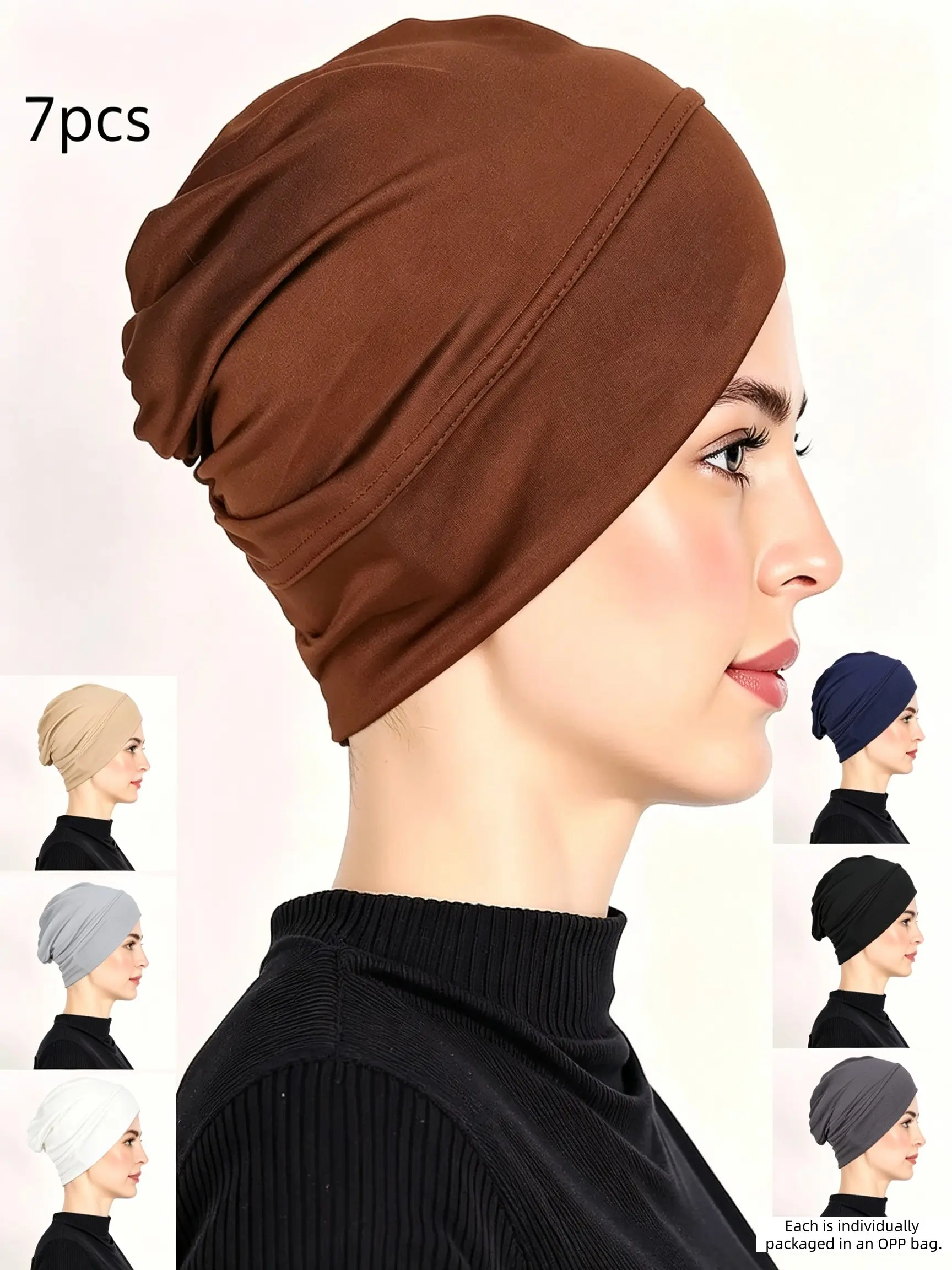 7-Pack Polyester Turban Hats for Women, Soft Comfy Elastic Fit Head Wraps, Casual Plain Style, All Seasons Gift Idea