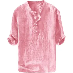 Mens Linen Shirts Casual Cotton 3/4 Sleeve Regular-Fit Henley T-Shirt Summer Lightweight Beach Yoga Tops