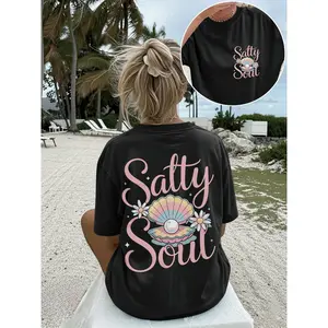 180gPlus Size - Plus Size - [Front And Back Images] Wo'S Summer Casual Top, Sweet Style, Shell, Pearl, Flower, Salty Soul Print, Short Sleeve, Round Neck, Drop Shoulder T-Shirt