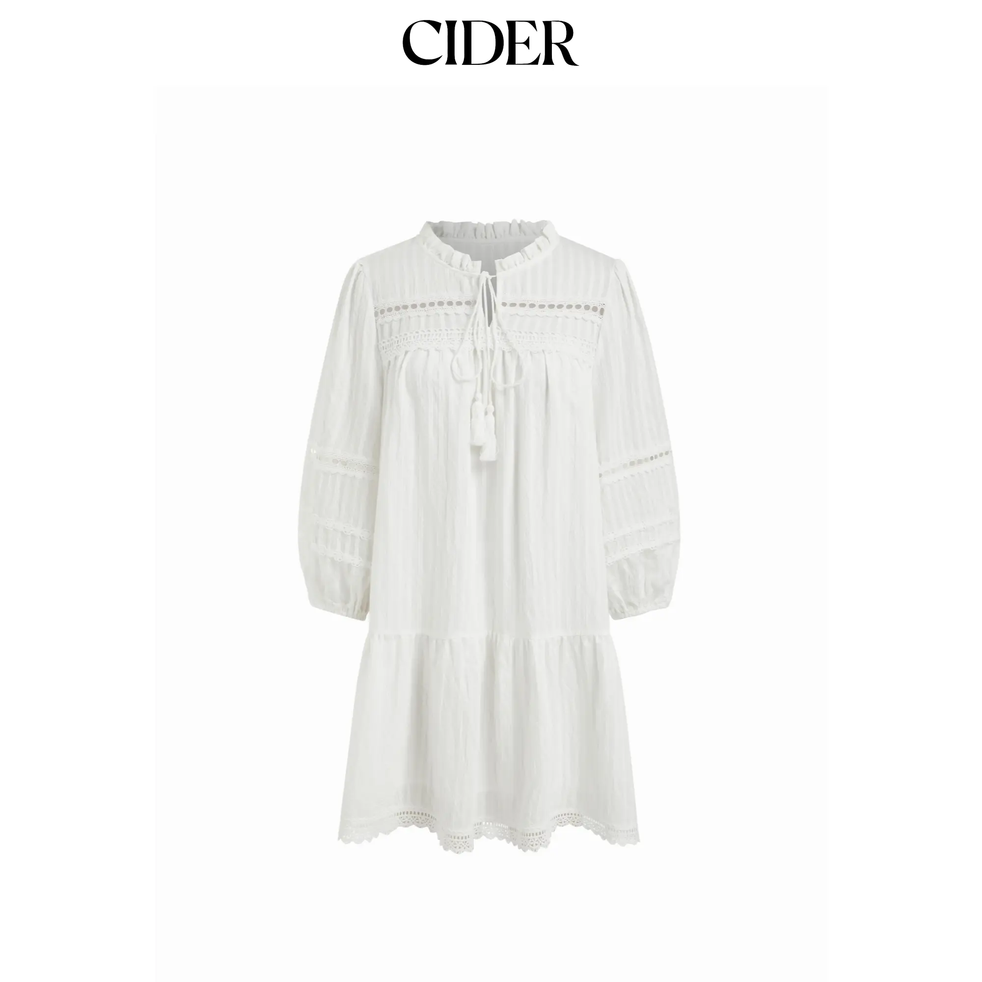Cider Cotton Puff Mandarin Collar Sleeve Knotted Smock Midi Dress