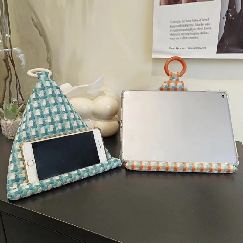 Triangle Tablet-Phone Accessory Stand, Soft Cotton Linen Cushion Pillow Holder, Portable Pad Reading Support for Phones/Tablets, Ideal for Bed & Travel, Gift for Readers