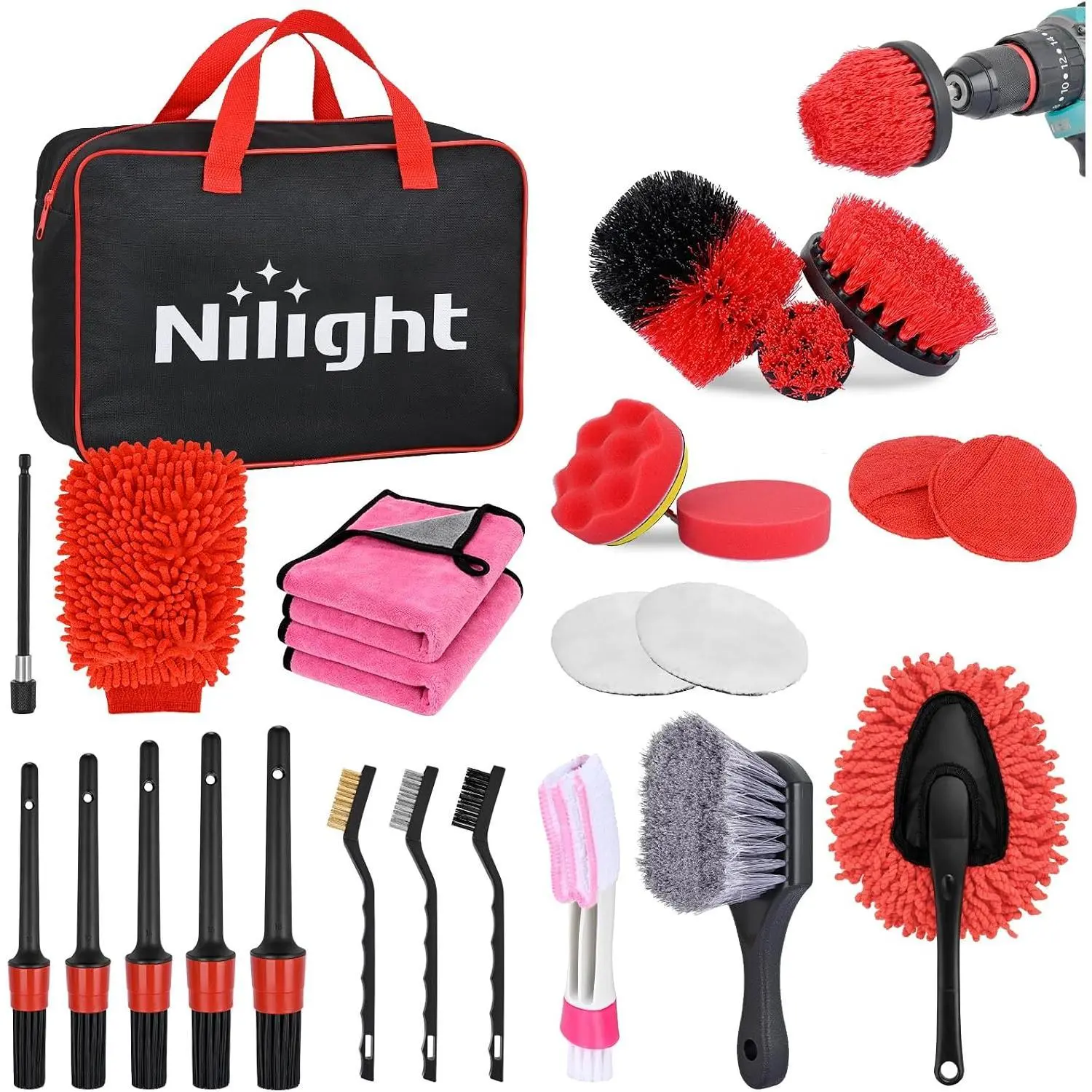 Nilight 27PCS Car Detailing Kit with Storage Carry Bag - Car Wash Kits, Detailing Products, Accessories for Interior-Exterior Deep Clean, Polish, Father's Day Gift (Red)