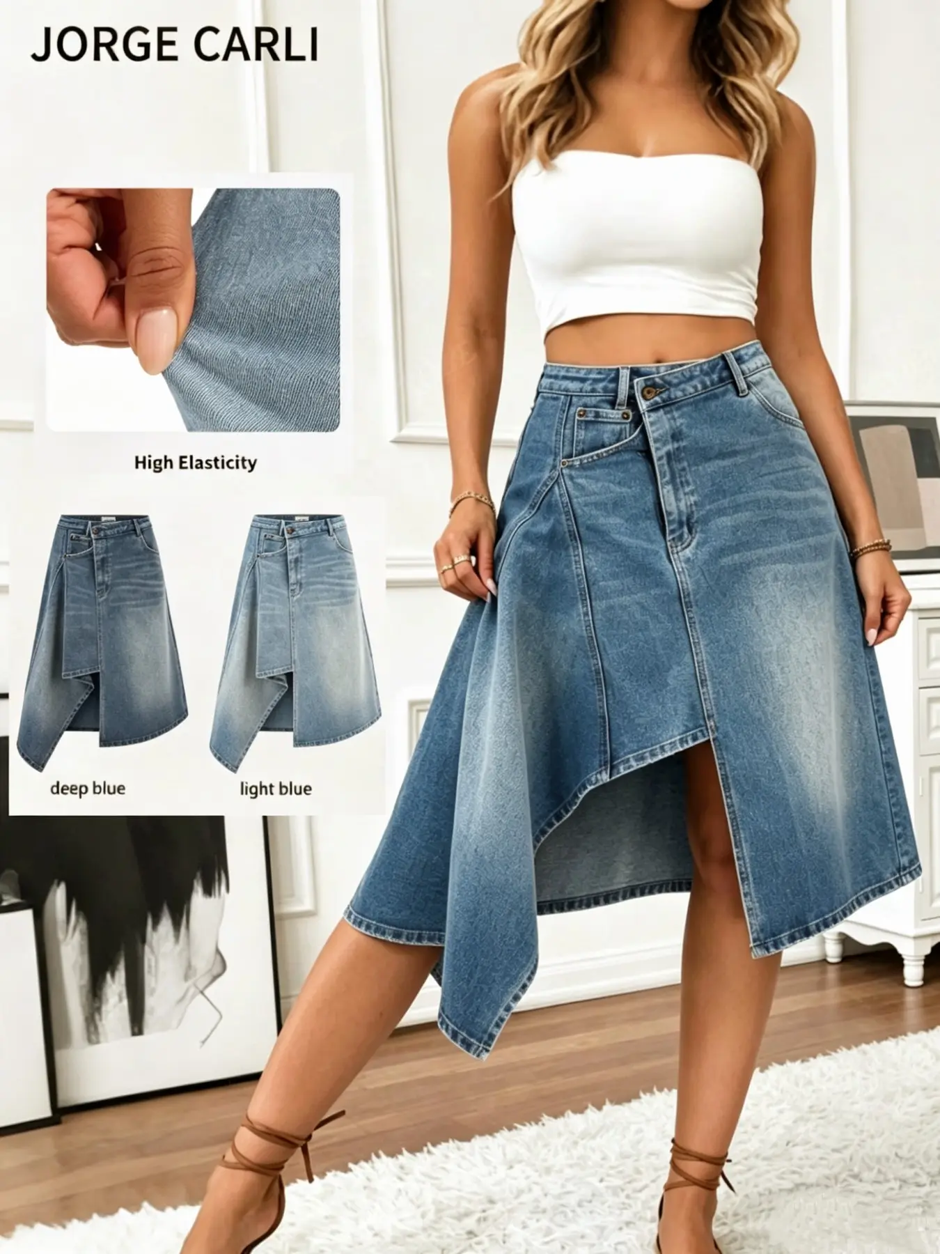JORGE CARLI  Women's Mid-Waist Asymmetric Hem Stretch Denim Skirt, Fashionable Summer Style Asymmetrical, Short Jean Dress for Ladies, Bottom
