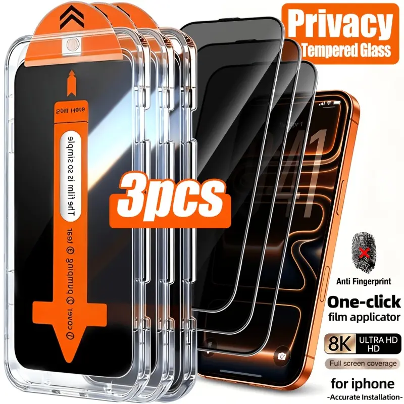 3pcs Tempered Glass Privacy Smartphone Screen Protector, Full Coverage, Anti-Fingerprint, Shockproof, Privacy Screens, Compatible with iPhone 17 Pro Max/16 Pro Max/15 Pro Max/14 Plus/13 Pro Max/11 Pro Max/Xs Max, Includes Installation Tools