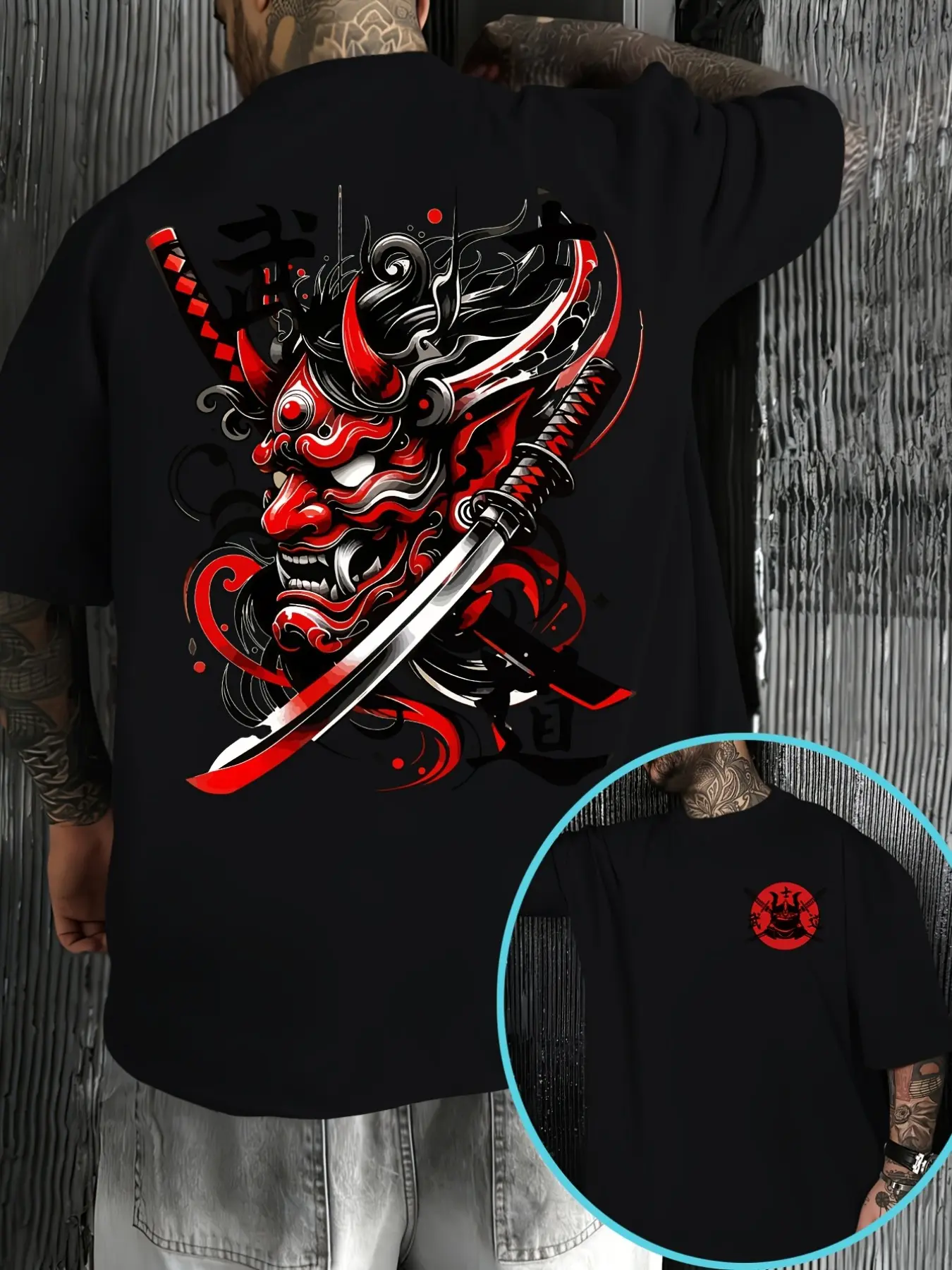 Men's Double-Sided Print Oni Mask Samurai Sword T-Shirt, Japanese Bushido Street Style, Loose Round Neck Short Sleeve Top