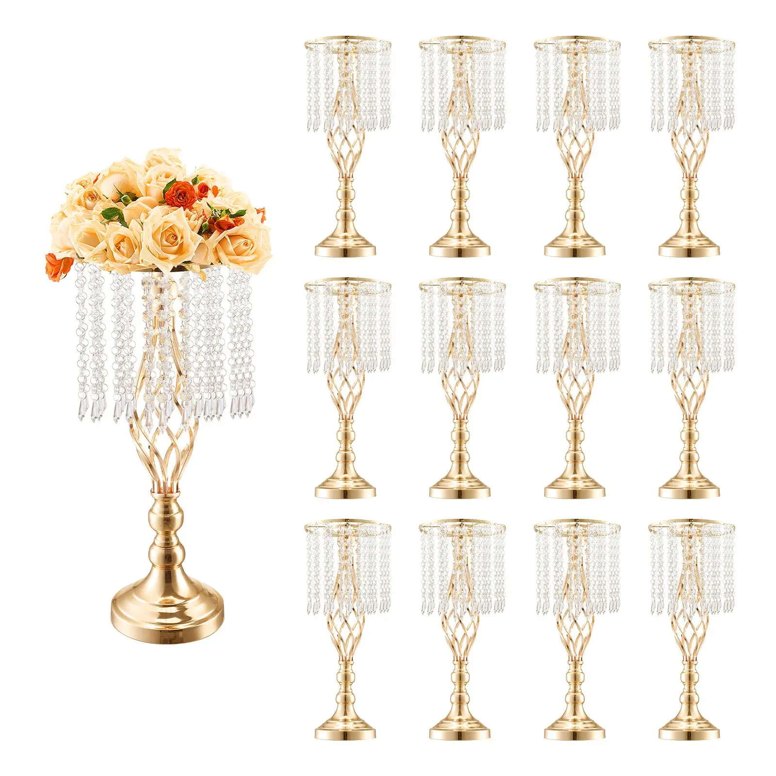 【DealsForYouDays】VEVOR 12PCS 49cm/19.3" Tall Crystal Wedding Flower Stand, Metal Wedding Centerpiece Vase, Gold Flower Holders Floral Display Rack for Tables Wedding Dinner Party, Ceremony Birthday Event Decor