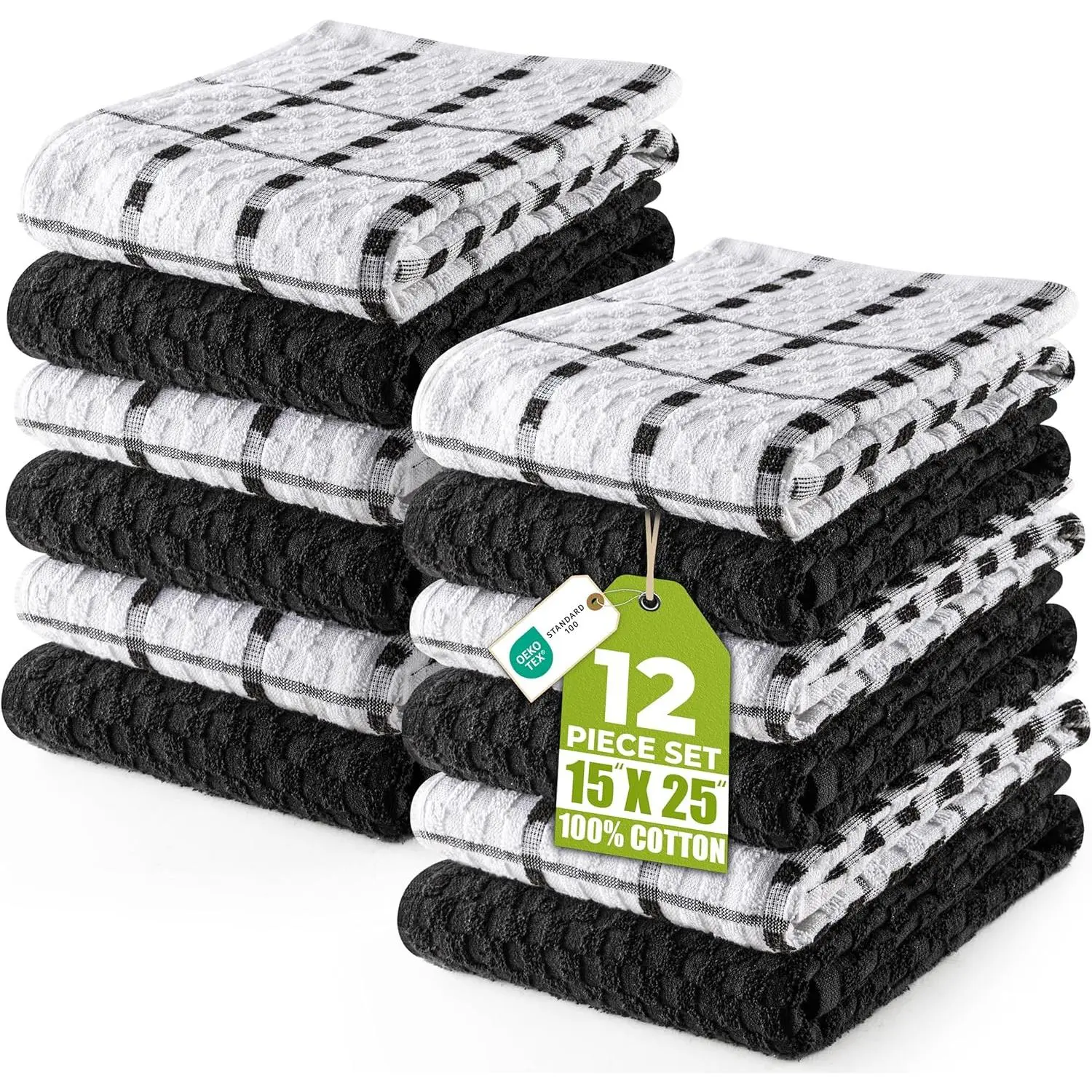 12-piece set of black kitchen towels, 15 x 25inch, 100% ring-spun cotton, ultra-soft and highly absorbent dishwashing and tea bar towels