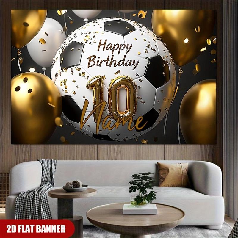 1PC,2D Flat Custom Soccer - Themed 10th Birthday Banner, Personalized Name Birthday Party Decoration Door Banner, Black - Gold Balloon - Style Birthday Backdrop, Outdoor & Indoor Party Decorativ