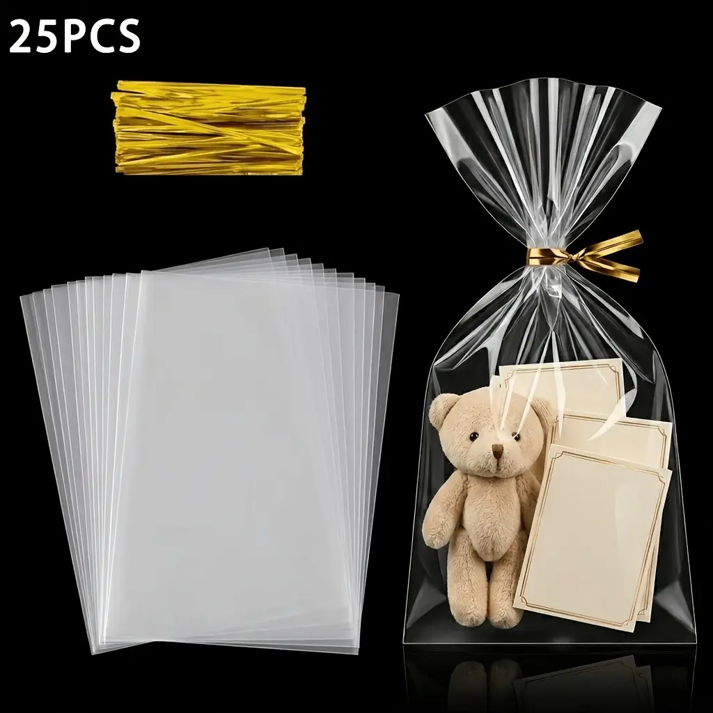 25 Transparent Glass Paper Gift Bags with Twist Tie, Perfect for Parties, Halloween, Christmas, Thanksgiving, Holiday Gifts, Event Organizers, Gift Wrapping Supplies