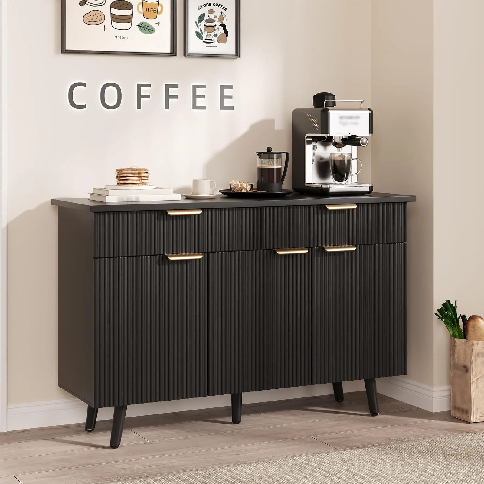 Garvee Modern Fluted Buffet Storage Cabinet with 2 Drawers & 3 Doors, 47" Sideboard Cabinet with Adjustable Shelves, Large Coffee Bar with Storage, Console Table for Kitchen Black