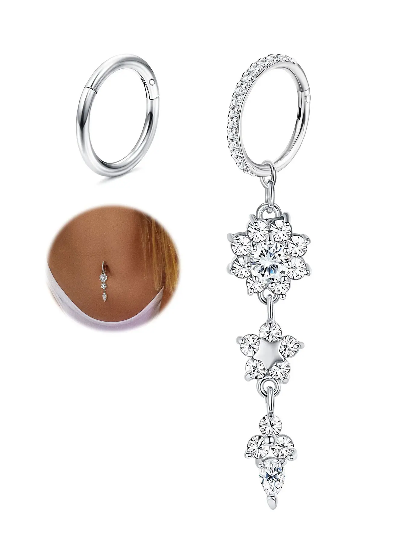 316L Stainless Steel 2Pcs Clicker Belly Button Rings for Women  Belly Rings Hoop CZ Heart Butterfly Dangle Navel Rings Belly Piercing Body Jewellery Silver Tone 14G