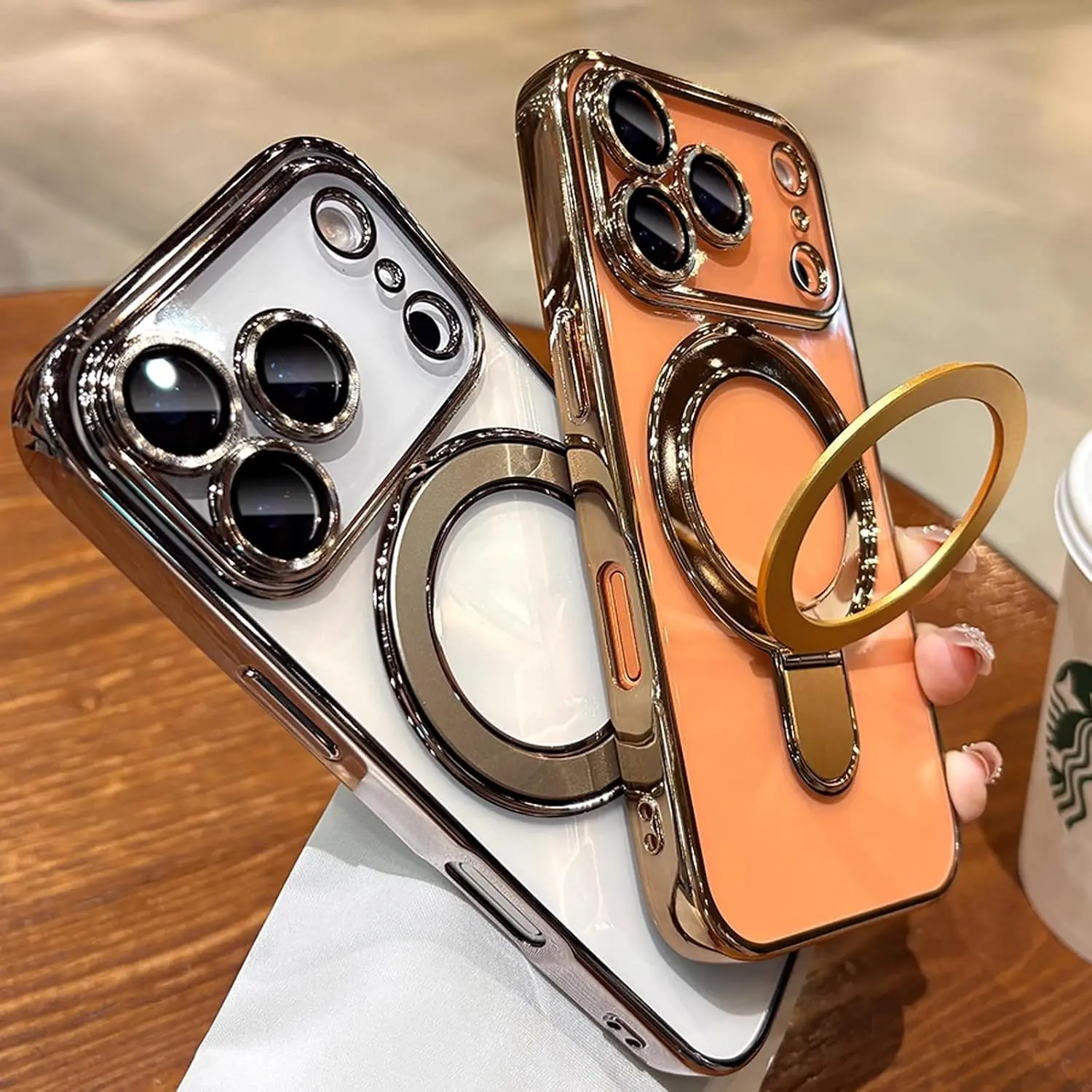 Magnetic Protective Plastic Case for iPhone 17 Pro Max 6.9" - Magsafe Compatible, Full Camera Shield, Stand Support, Golden