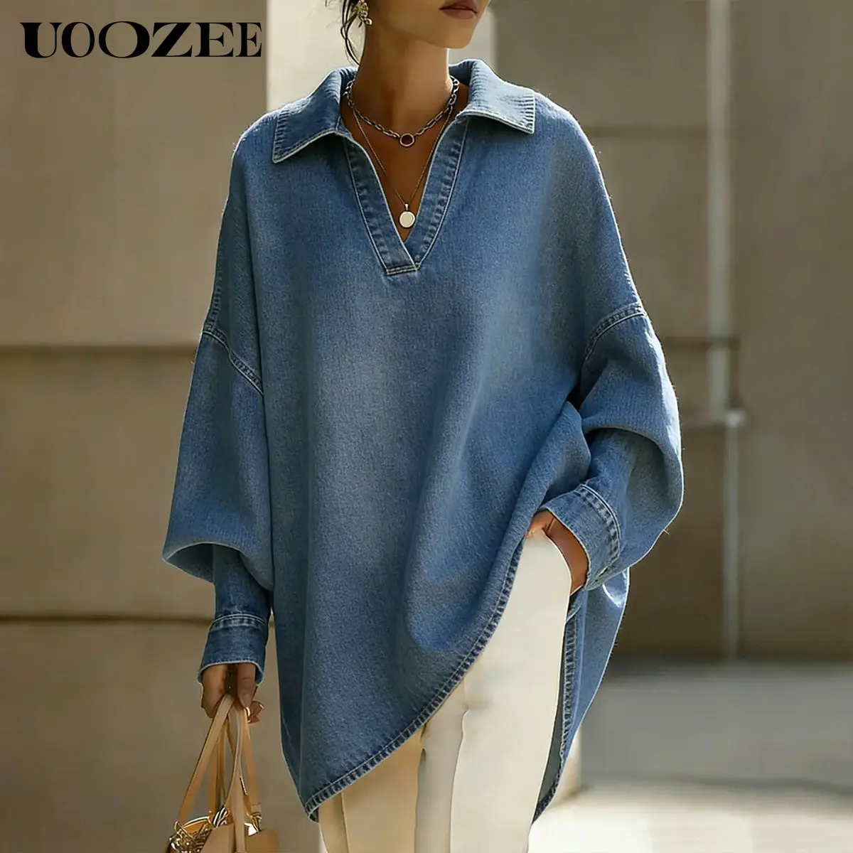 UOOZEE Women's 2026 Autumn/Winter Soft Thick Oversized Collared Cotton Blouse - Baggy Long Sleeve V-Neck High-Low Hem Minimalist Washed Denim Tunic, Comfy Casual Curvy Plus Size Layering Top for Office OOTD (Pairs with Tank Tops, Leggings)