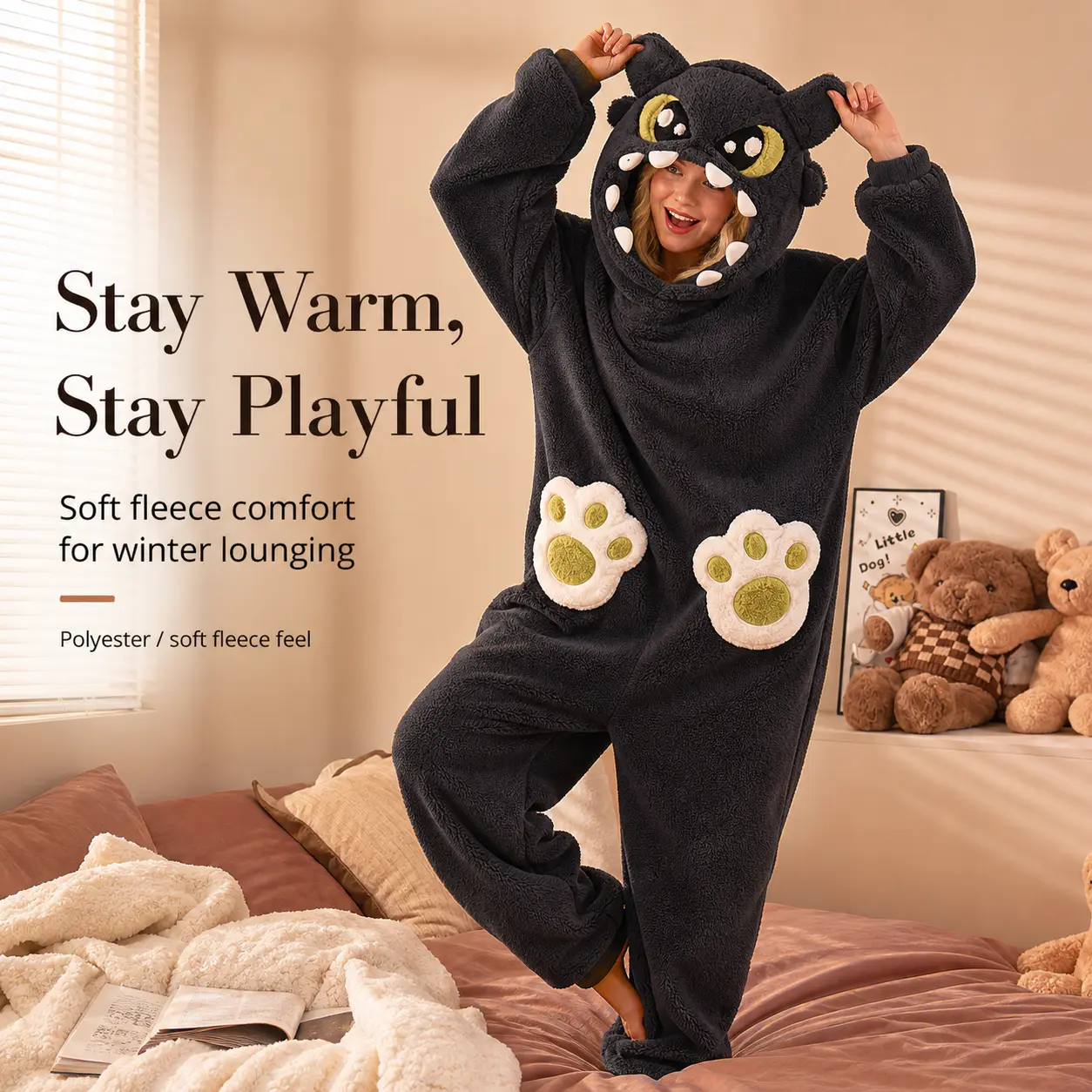 Adult Black Dragon Onesie Pajamas Thick Fluffy Sherpa Cartoon Dragon Kigurumi Hooded Jumpsuit Unisex Animal Cosplay Costume Halloween Loungewear For Men Women