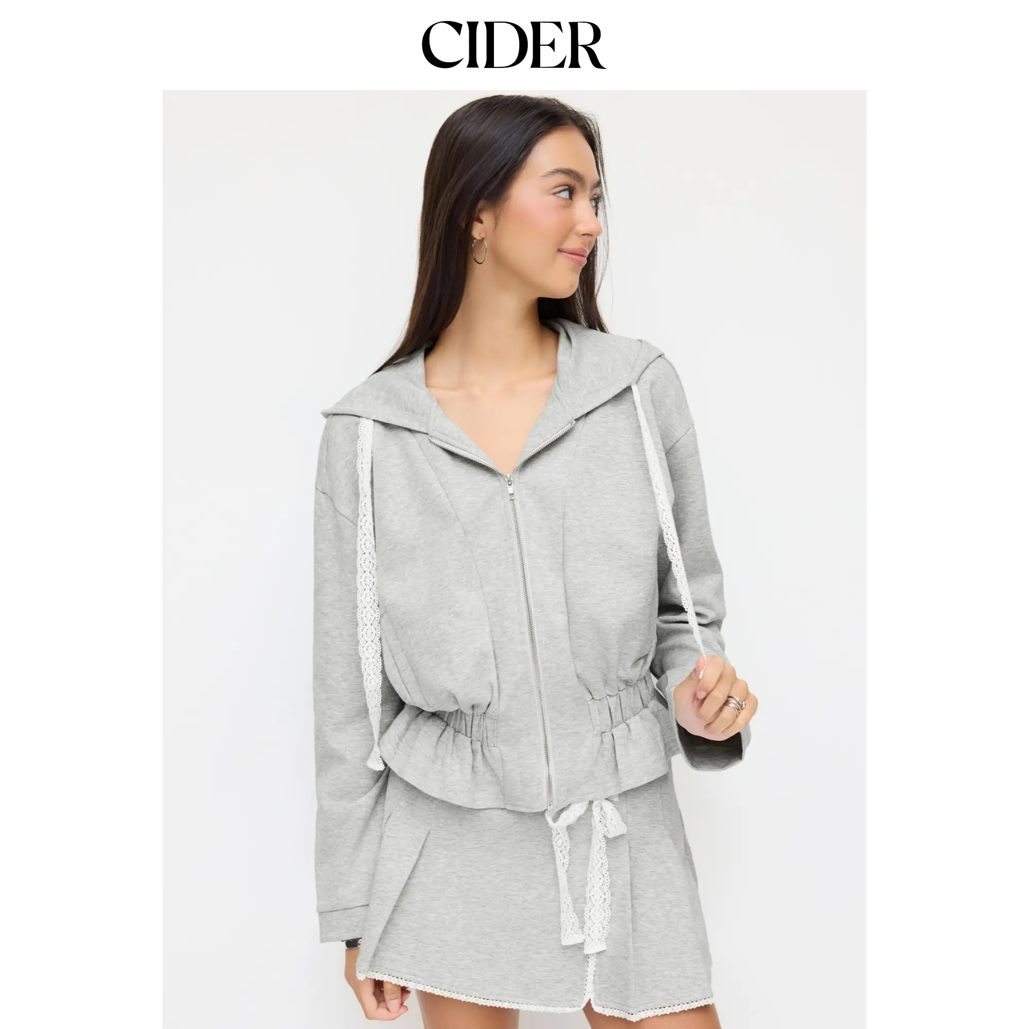 Cider Cotton-blend Zip Through Lace Trim Cinched Waist Oversized Hoodie SohoChic