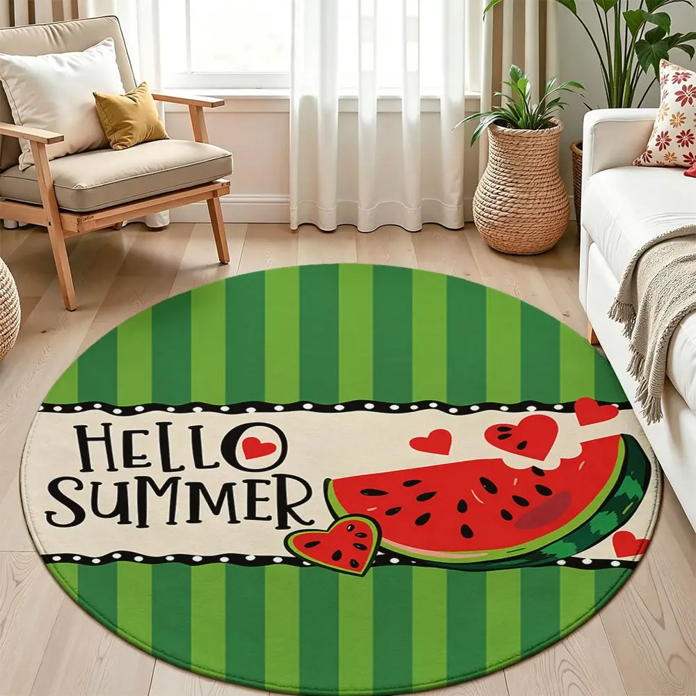 Hello Summer Watermelon Round Area Rug Green Striped Circular Floor Mat Non Slip Water Absorbent Doormat Washable Summer Fruit Decor Rug for Living Room Bedroom Bathroom Entryway Home Summer Holiday Decoration