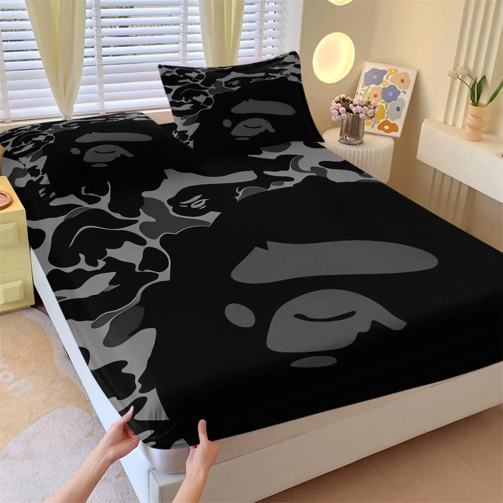 Black Grey Camo Ape Silhouette Print Fitted Sheet Set. Includes 1 Fitted Sheet + 2 Pillowcases. Soft Comfortable Deep Pocket Bed Sheets Stretch Wrinkle Resistant Bedding For Teen Boys And Girls Y2K Streetwear Style Bedroom Decor.