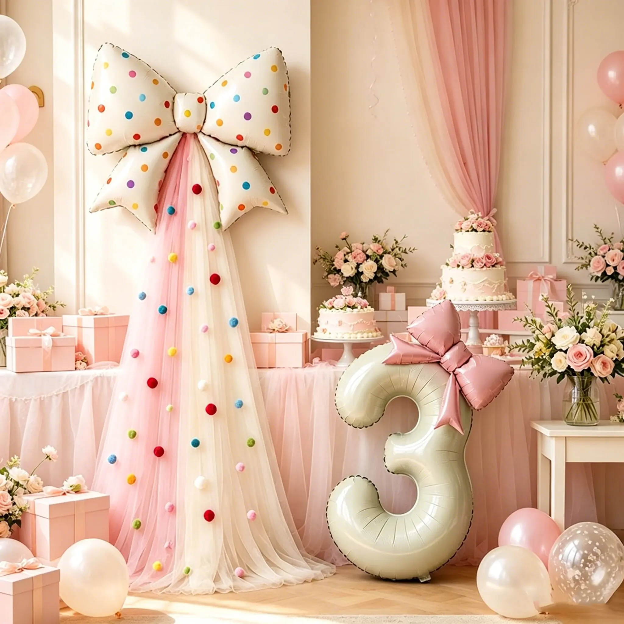 56 pieces - butterfly bow birthday background decoration balloon set, Birthday decorations, including 32 inch digital balloons 0-9, light pink butterfly bow balloons with sheer, colored felt balls with adhesive dots, for birthday parties, weddings