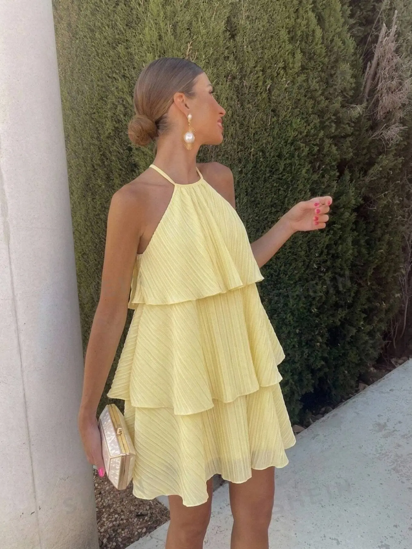 New Elegant Chic Romantic Date Vacation Backless Lightweight Layered Hem Organza Halter Neck Dress, Evening Party Dresses, Sleeveless Mini Gown for Summer