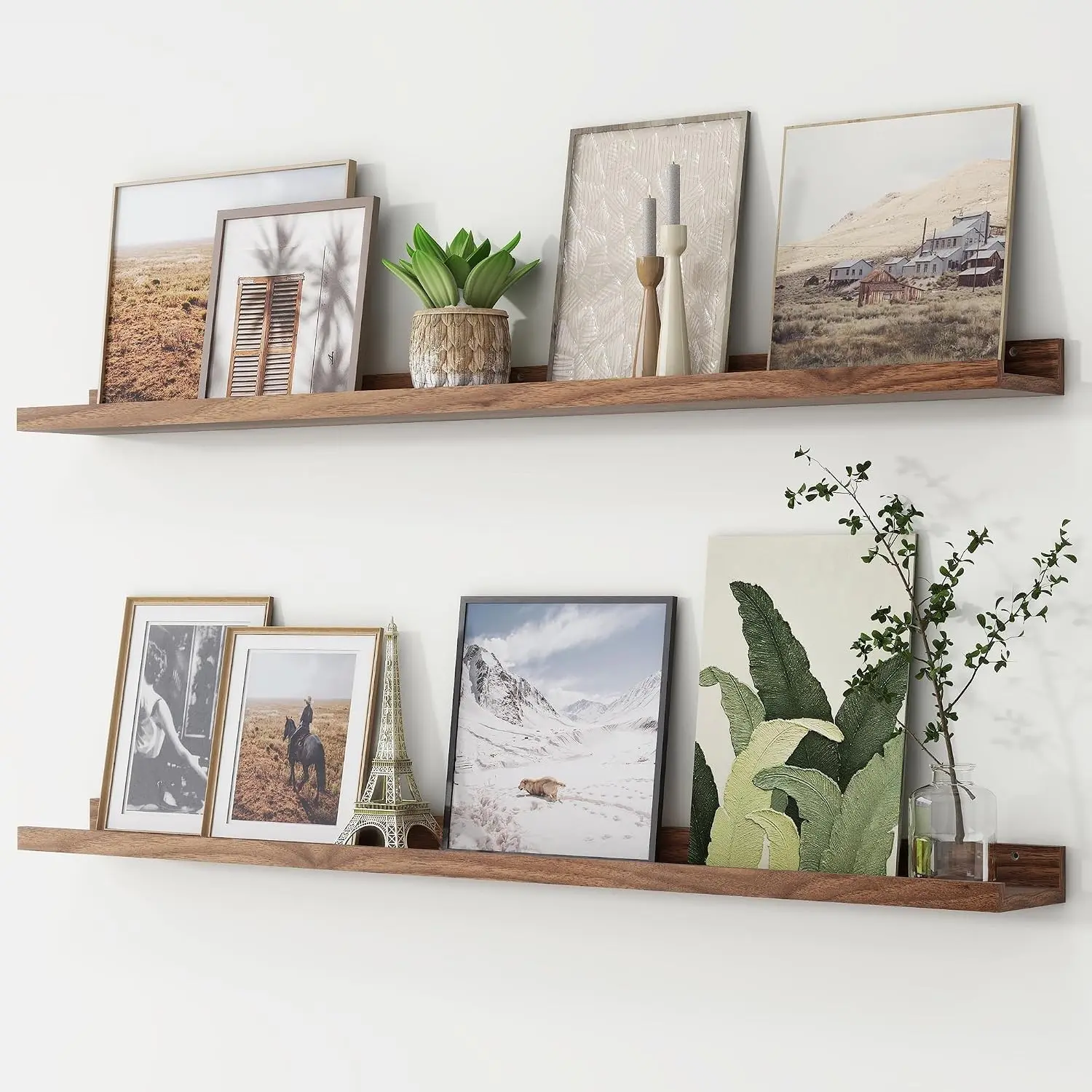 Picture Ledge Shelf, Floating Shelves Set of 2, 48 Inches Large Nursery Book Shelves for Toys Storage, Wall Mounted Kids Bookshelf for Living Room Bedroom Decor Books Photo Frames, Walnut