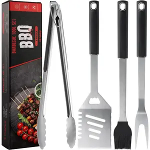 4PCS Stainless Steel Heavy Duty Griddle Accessories Kit Grill Tools Set with Spatula Fork Tongs Brush, Gift Box for Outdoor Barbecue Home Grill
