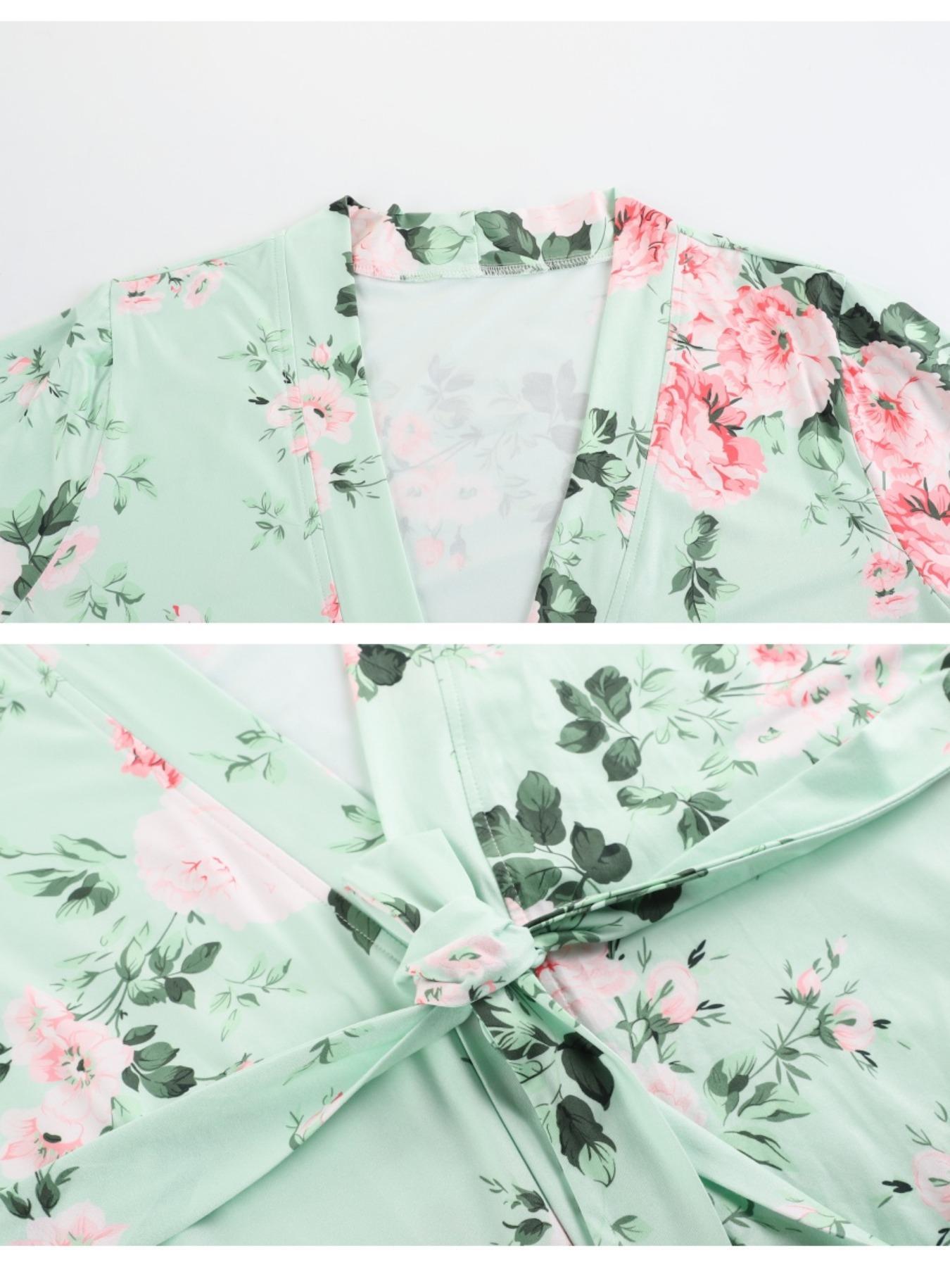 【Plus Size】 Floral Print Belted Dressing Gown & Cami Top & Pants Pajama Set, Elegant Comfy Loungewear Set, Women's Sleepwear for All Seasons