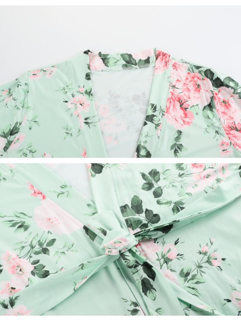 【Plus Size】 Floral Print Belted Dressing Gown & Cami Top & Pants Pajama Set, Elegant Comfy Loungewear Set, Women's Sleepwear for All Seasons