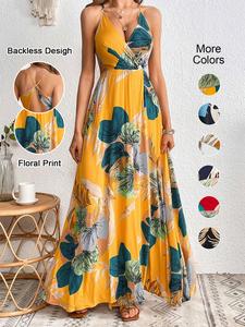 women's floral print backless split thigh wrap dress, summer clothes women, casual bohemian spaghetti strap sleeveless deep v neck long dress for beach holiday vacation, sundress, boho slip dress, womenswear, tropical