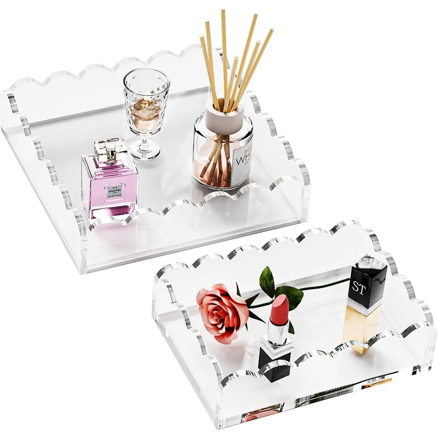 2 Pack Scalloped Clear Acrylic Tray - Decorative Organizer Tray for Vanity Jewelry Display, Countertop Storage for Perfume Makeup, Acrylic Organizer for Bathroom Home Decor, 7x5 & 8x8 Inch