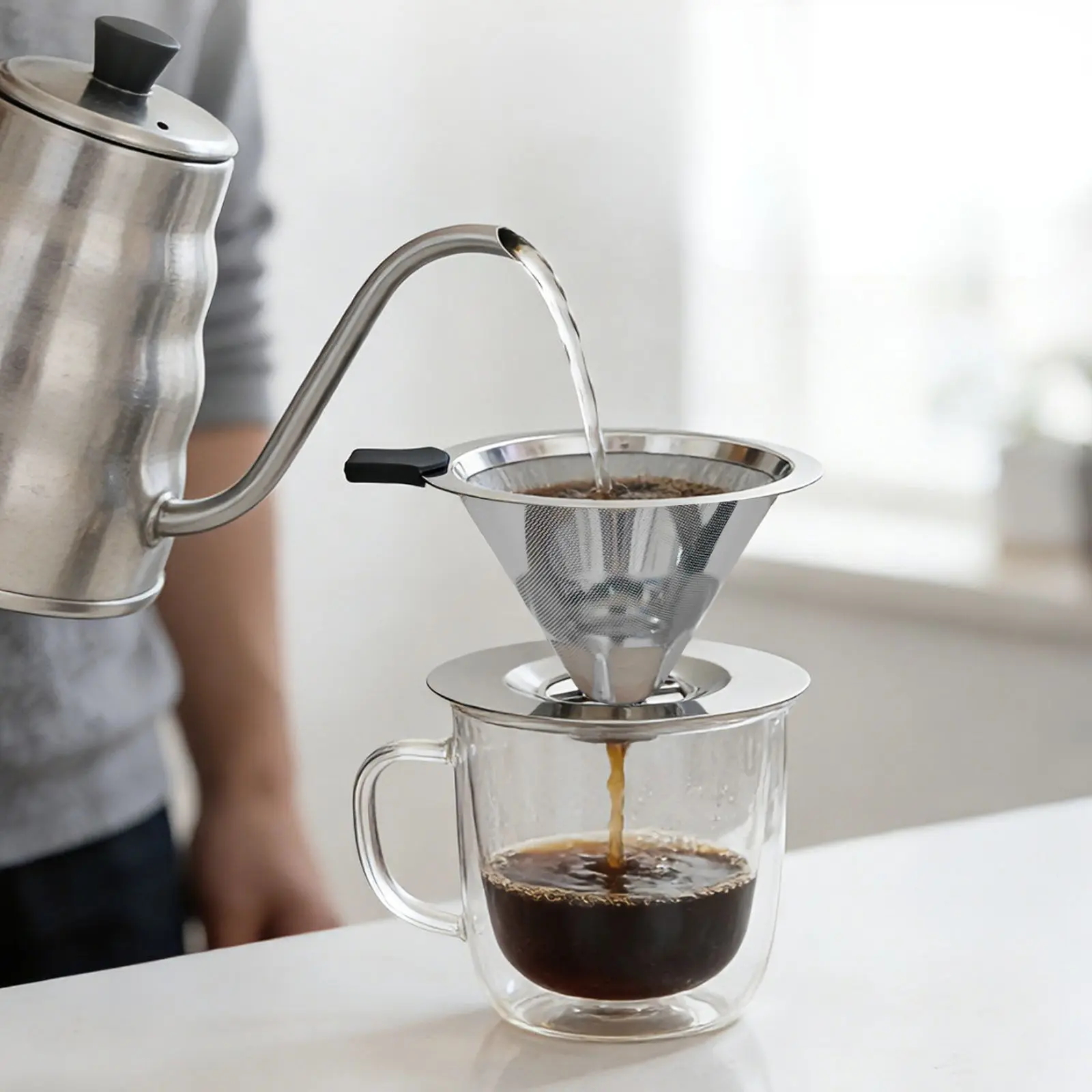 Reusable  Stainless Steel Coffee Filter, Double Mesh Pour Over Dripper, Paperless Cone Coffee Strainer, Fits Most Coffee Cups