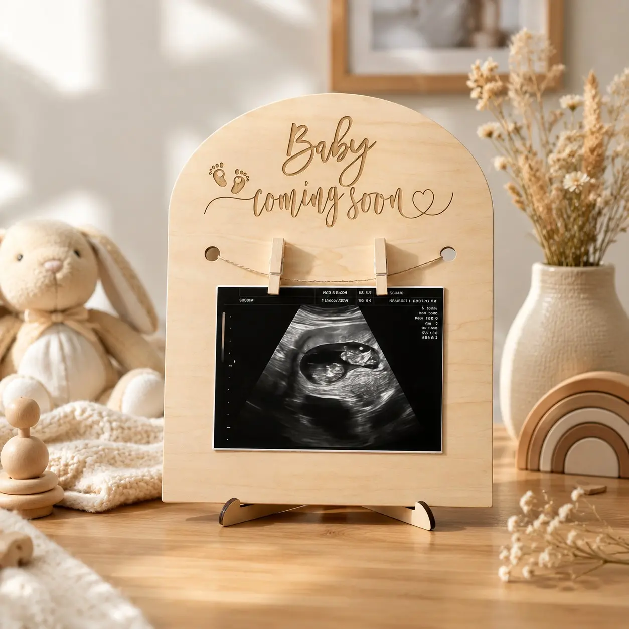 Baby Coming Soon Wooden Sonogram Picture Frame with Stand, Wood Picture Frames, Clip-On Ultrasound Photo Frame, Boho Gender Neutral, Natural Nursery Decor, Pregnancy Announcement Keepsake, Baby Shower Gift for Expecting Mom New Parents
