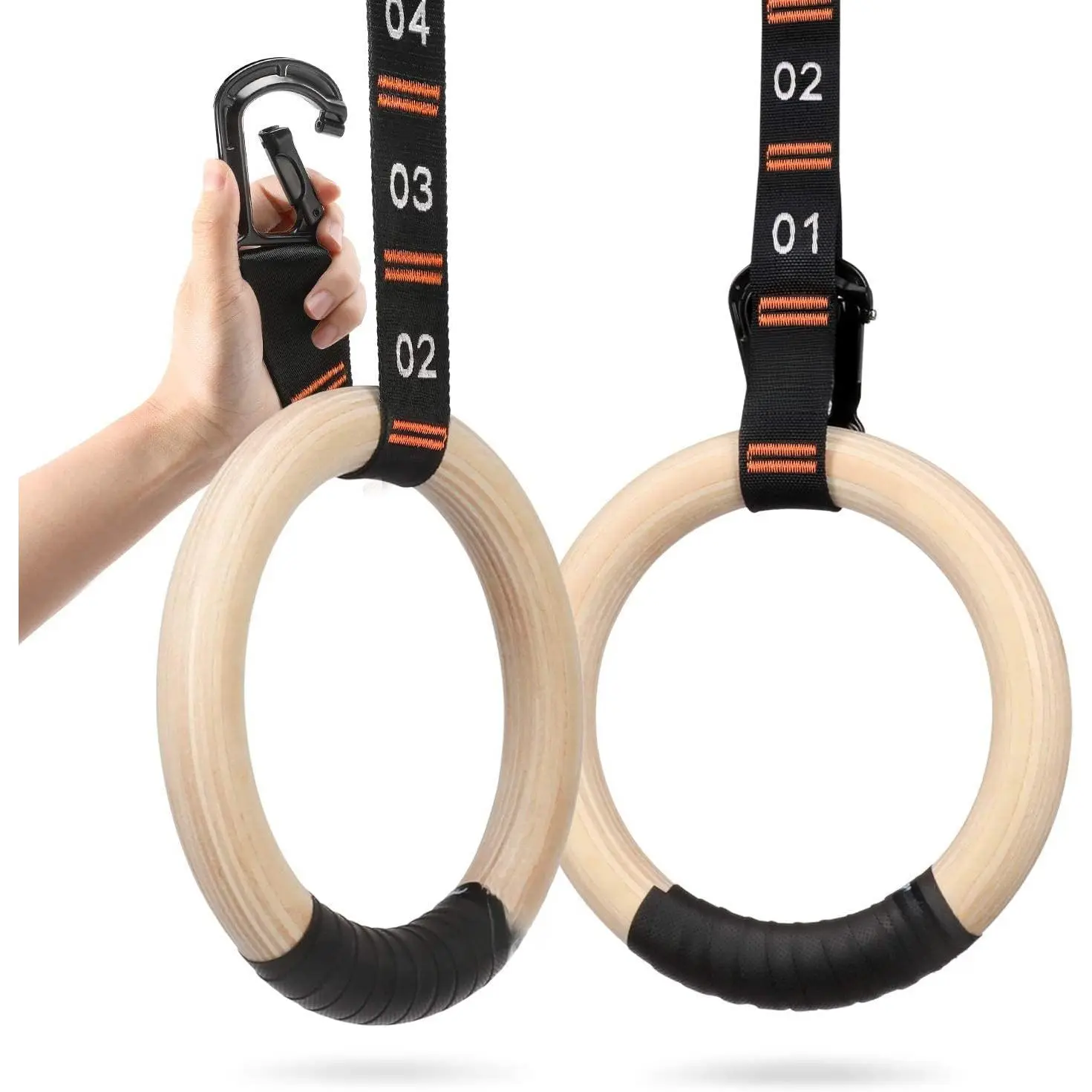 Wooden Gymnastic Rings with Adjustable Straps, 8.7 ft| Birch Wood Rings, Quick-adjust Carabiners Buckle Numbered Straps, Home Gym & Outdoor Training, Full-body Strength Workouts