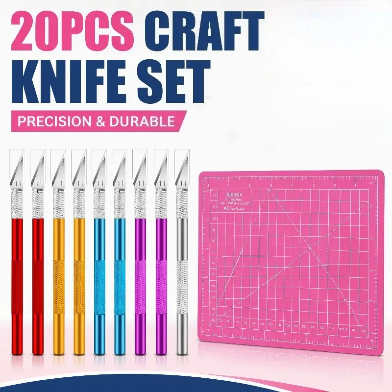20-Pieces Precise Cutting Craft Knife Set with A5 Self-Healing Cutting Mat, Metal Exacto Knife with Sharp Metal Blades, Office Cutting Supplies for Scrapbooking, Model Building