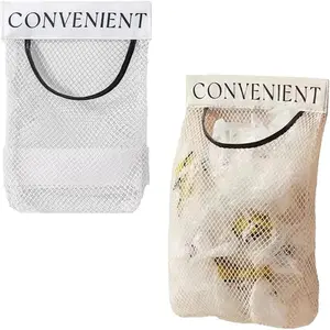 2 Pack Trash Bag Holder Dispenser Sticky Wall Mount Mesh Convenient Storage Organizer for Home Kitchen Grocery Plastic Shopping Garbage Bags Reusable Produce Tote Bag