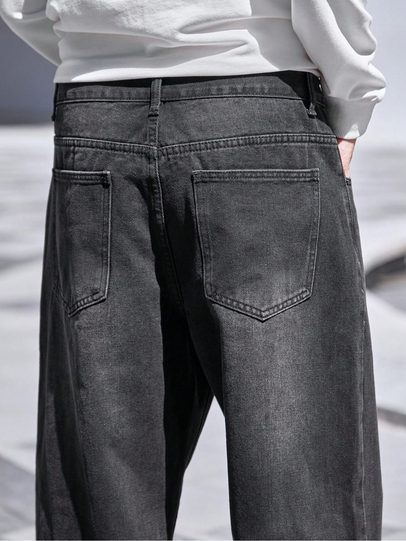 Men's Solid Color Straight Leg, Loose Casual Comfy Denim Trousers for Daily Wear, Men's Bottoms for All Seasons, Dark Wash Jeans