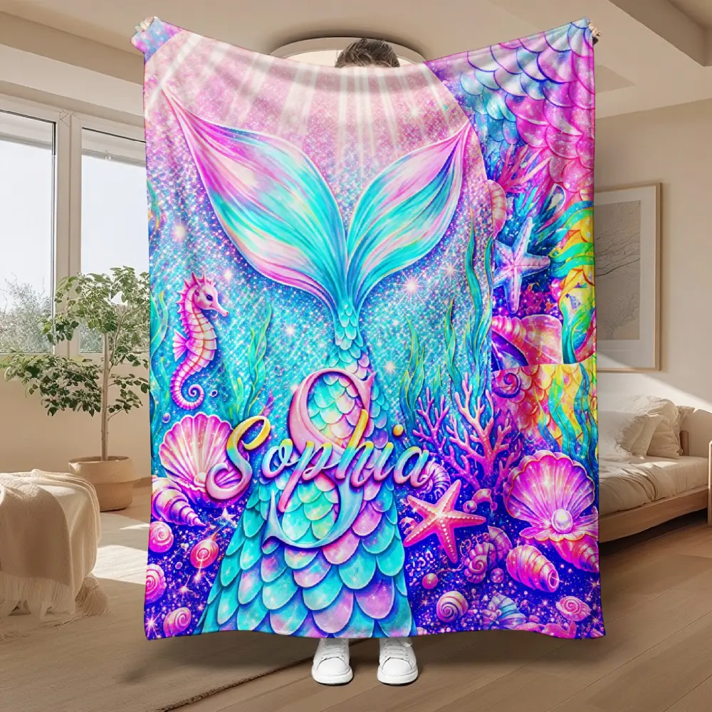Multi-Size Personalized Mermaid Throw Blanket - Custom Name Print, Skin-Friendly Warm Fabric, for Kids, Sofa Bed Camping, Heartfelt Gift for Daughters #TikTokMadeMeBuyIt#FairyBlanketSet#CustomNameBlanket, One-Piece
