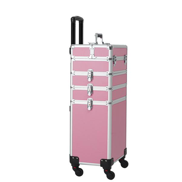 4 In 1 Aluminum Makeup Case Pink, Professional Cosmetic Storage Box for Makeup Tools Brushes and Accessories, Portable Beauty Organizer for Travel and Home Use