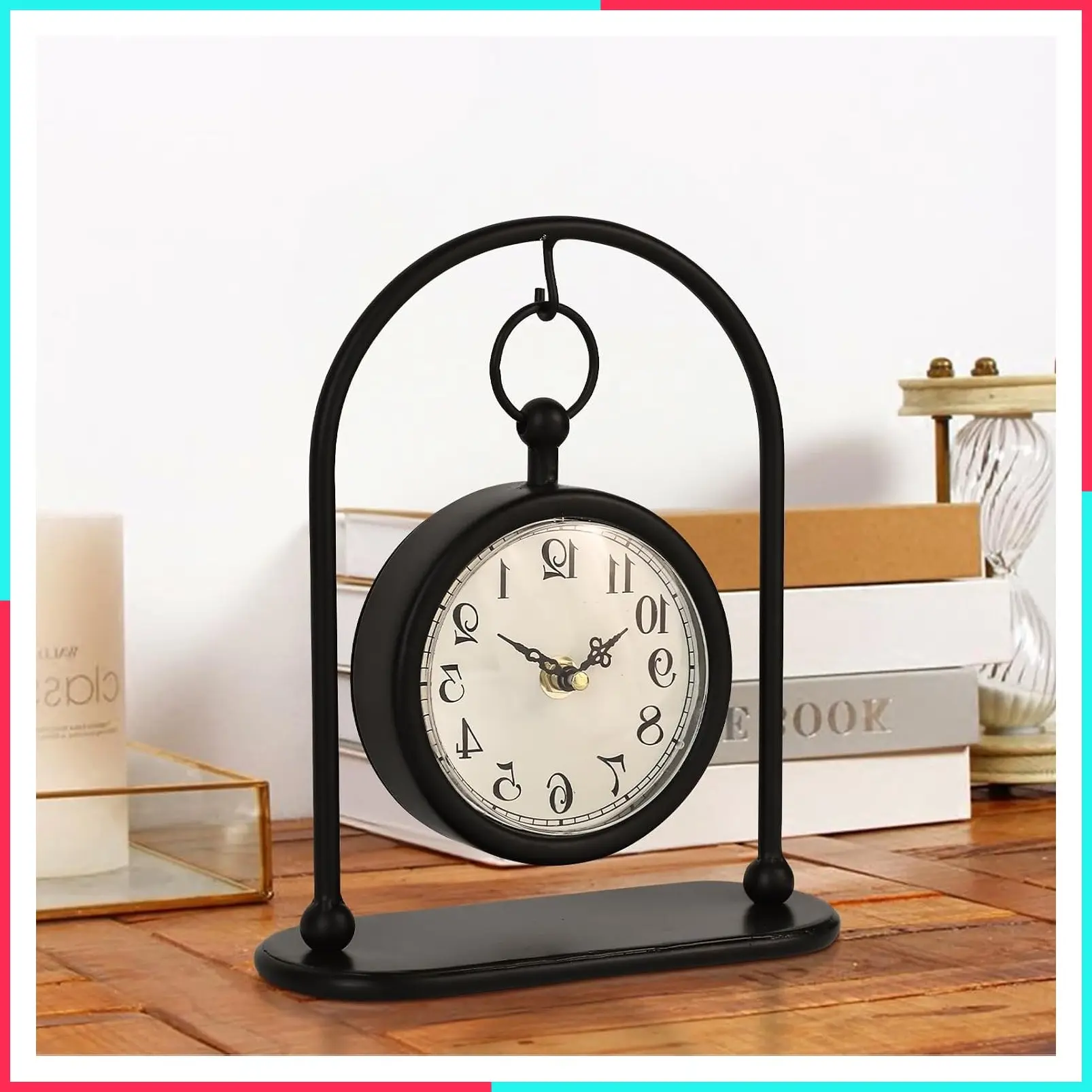 Vintage Metal Farmhouse Table Clock, Small Black Silent Non-Ticking Battery Operated Desk Shelf Clock for Home Kitchen Living Room Bedroom Decor