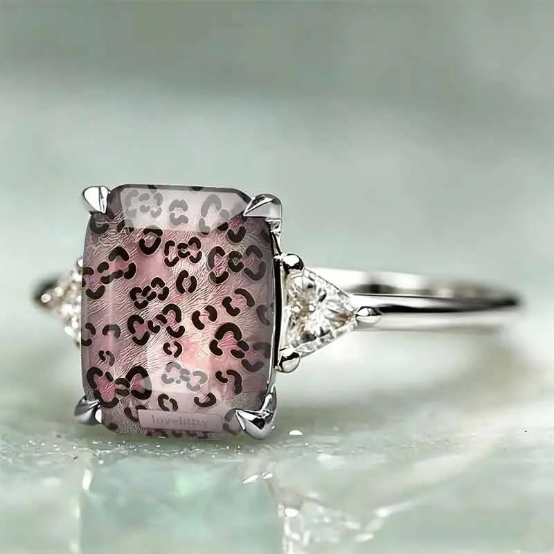 Women's Adjustable Vintage Pink Leopard Print Rectangle Stone Ring - Sparkly Side Accent Statement Jewelry, Accessories for Women for Daily Matching, Party Outfits