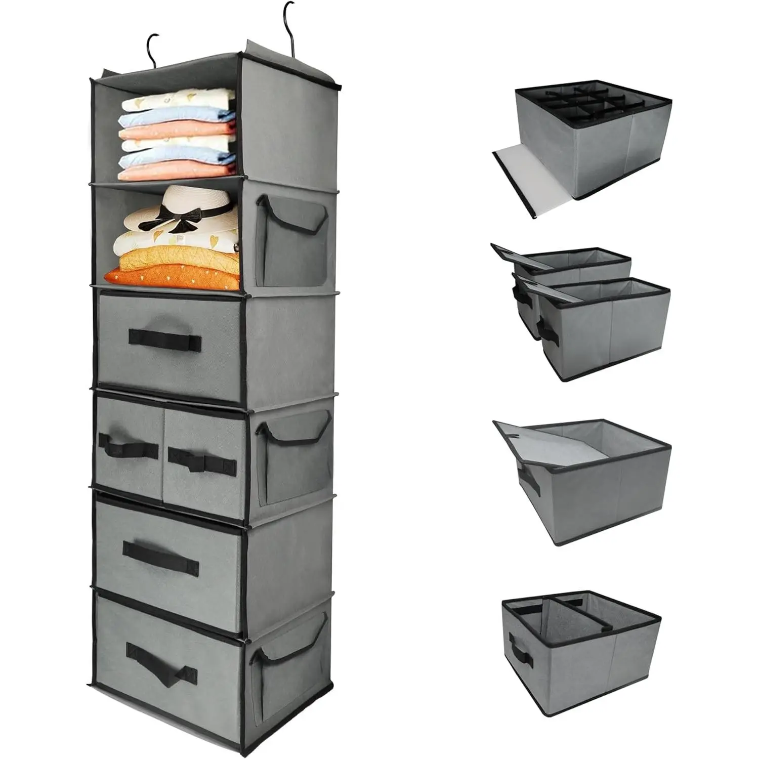 6-Tier Hanging Closet Organizer with 5 Drawers & 3 Side Pockets, Thickened Fabric Shelves, Sturdy Metal Hook, Space-Saving Storage Solution for Bedroom, Dorm, Guestroom, RV, BathroomGift