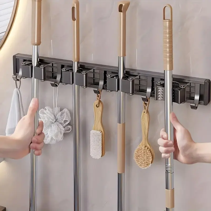 Metal Mop Broom Rack with Detachable Hooks, Wall-Mounted Storage Shelf for Home Kitchen Garden Garage, Space-Saving Organizer