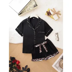 Women Contrast Binding 2 Piece Pajama Set, Short Sleeve Button Up Top with Matching Shorts, Soft Casual Home Sleepwear Loungewear PJs