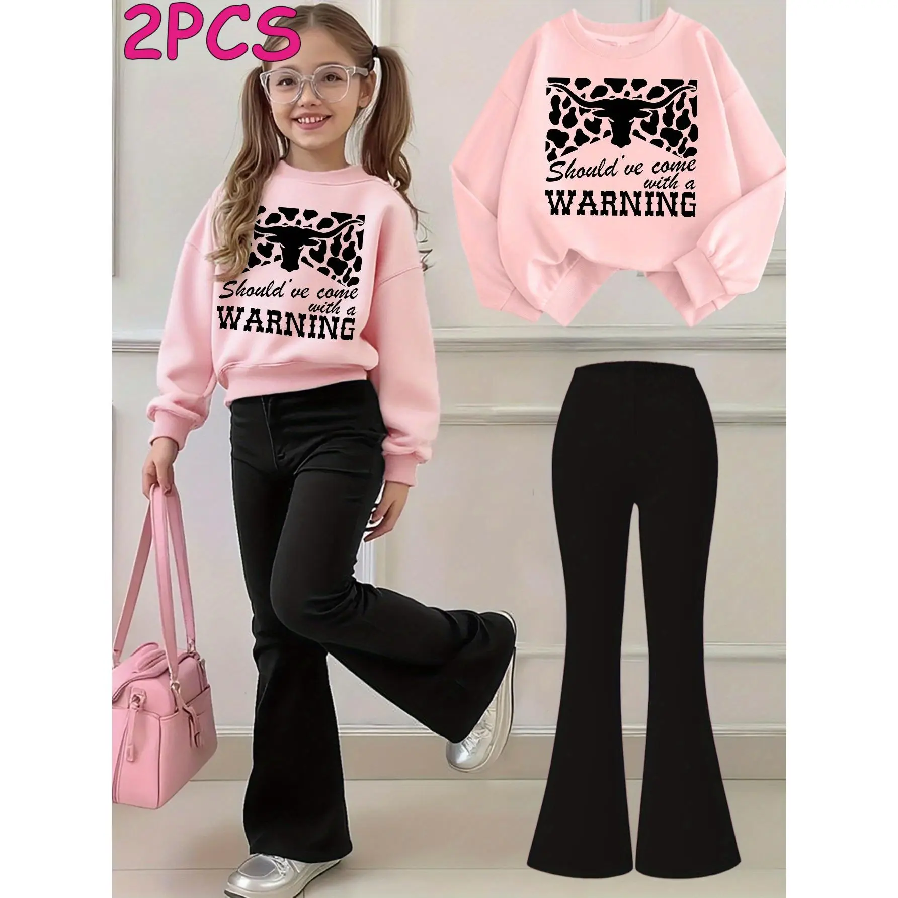 2pcs Autumn Winter Girls Sweatshirt Set Pink Leopard Print with Warning Text Print Girl Clothes Long Sleeved Round Neck Sweatshirt Bell Bottom Pants Set Perfect for Outdoor Kids Clothes, Perfect for Outdoor
