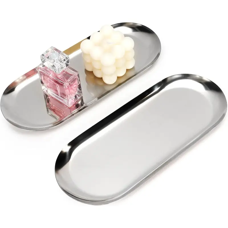 Silver decorative tray, oval tray, used for jewelry boxes, cosmetic storage boxes, and storage of bathroom items, bathroom storage tray (silver)
